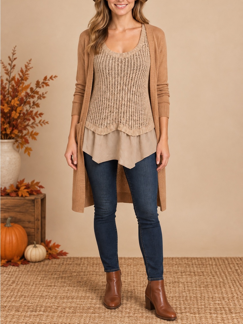 BOBEAU BEIGE OPEN-KNIT LAYERED TANK TOP SIZE SMALL